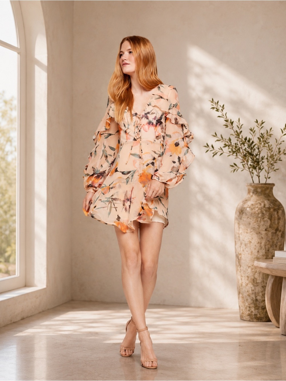 BCBGeneration Floral Ruffle Mini Dress Sheer Long Sleeve Boho Size 4